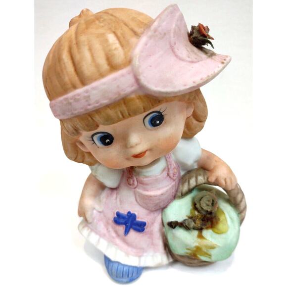 Vintage Homco Little Girl Ceramic Figurine 5" Pink Hat Dress And Basket #1439 - Picture 7 of 7